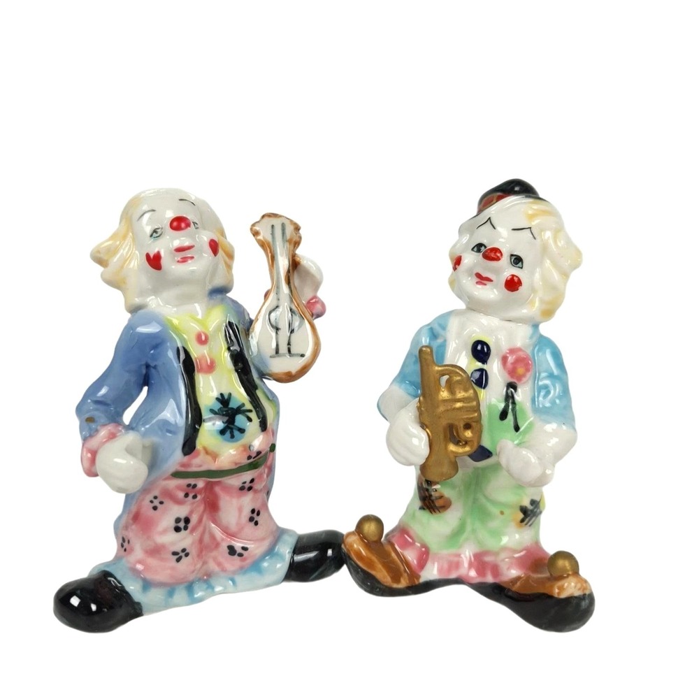 Vintage Ceramic Musical Clown Figurines‎ Set of 2 Mavis 1998 Hand Painted 5 Inch